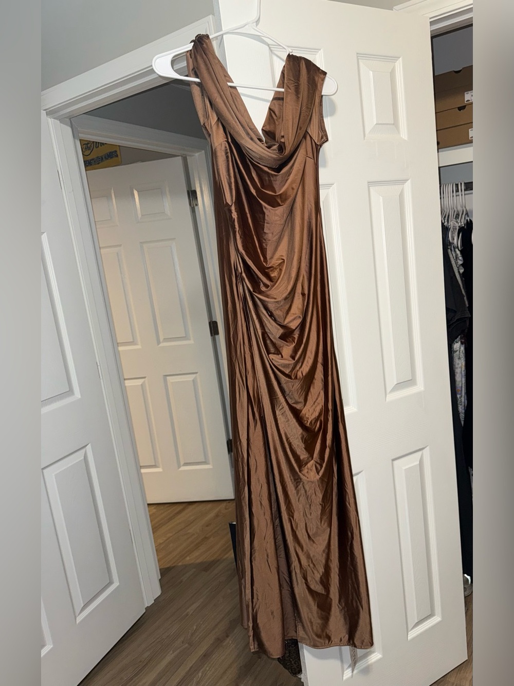 OYS Satin Off-Shoulder Maxi Dress in Copper Brown